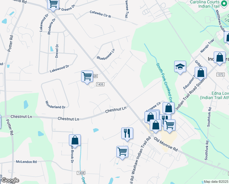 map of restaurants, bars, coffee shops, grocery stores, and more near 3924 Old Monroe Road in Indian Trail