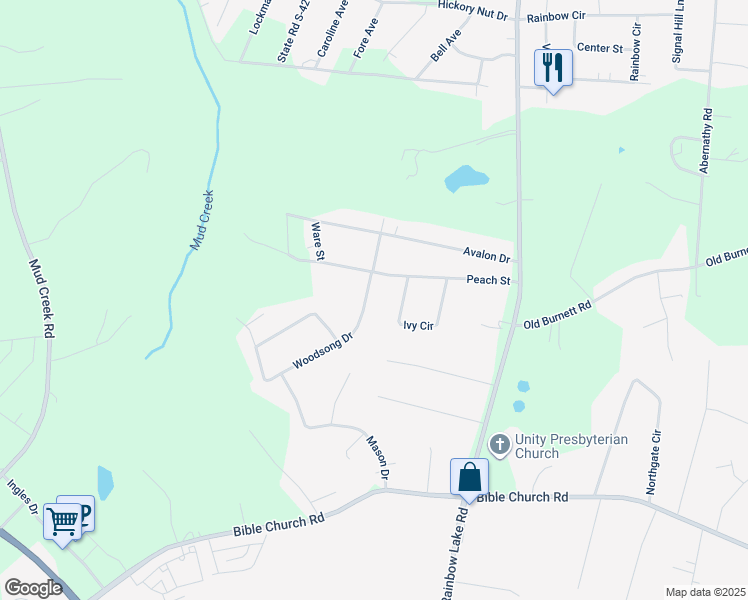 map of restaurants, bars, coffee shops, grocery stores, and more near 307 Woodsong Drive in Inman