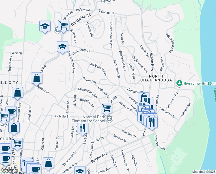 map of restaurants, bars, coffee shops, grocery stores, and more near 924 Federal Street in Chattanooga