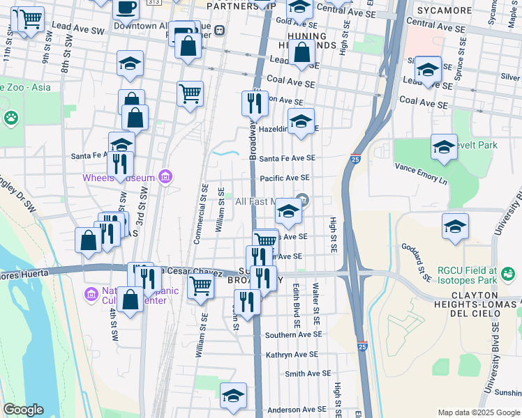 map of restaurants, bars, coffee shops, grocery stores, and more near 1012 Broadway Boulevard Southeast in Albuquerque