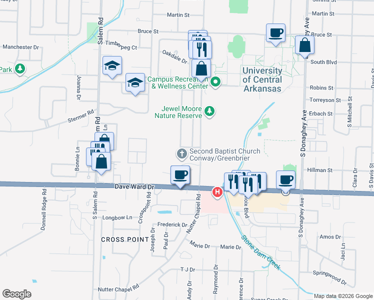 map of restaurants, bars, coffee shops, grocery stores, and more near 139 Oaklawn Drive in Conway
