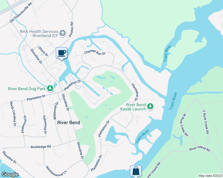 map of restaurants, bars, coffee shops, grocery stores, and more near Towne Woods Drive in New Bern