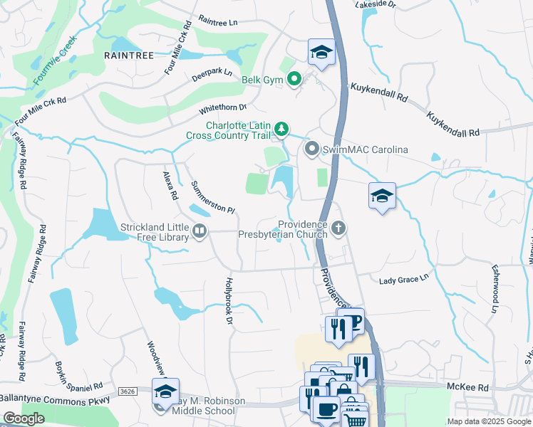 map of restaurants, bars, coffee shops, grocery stores, and more near 10018 Berkeley Forest Lane in Charlotte