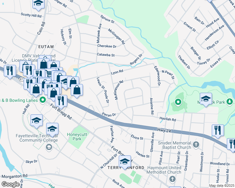 map of restaurants, bars, coffee shops, grocery stores, and more near 924 McKimmon Road in Fayetteville