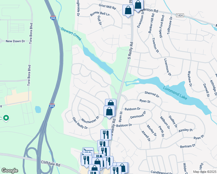map of restaurants, bars, coffee shops, grocery stores, and more near 1001 Brookhollow Drive in Fayetteville