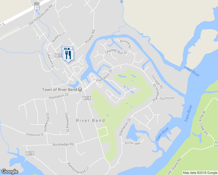 map of restaurants, bars, coffee shops, grocery stores, and more near 55 Quarterdeck Townhouses in New Bern