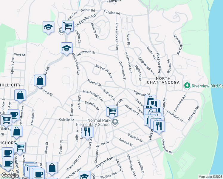 map of restaurants, bars, coffee shops, grocery stores, and more near 924 Federal Street in Chattanooga