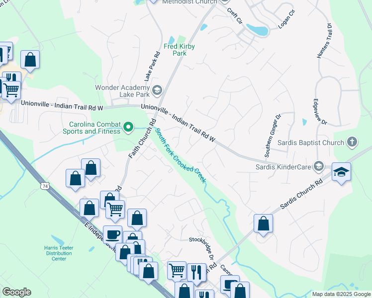 map of restaurants, bars, coffee shops, grocery stores, and more near 3105 Fairington Dr in Indian Trail