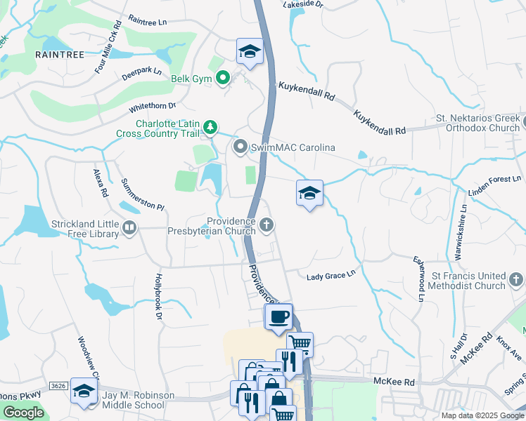 map of restaurants, bars, coffee shops, grocery stores, and more near 10016 Providence Road in Charlotte