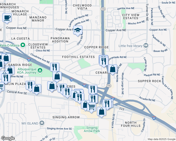 map of restaurants, bars, coffee shops, grocery stores, and more near 13313 Canyonview Place Northeast in Albuquerque