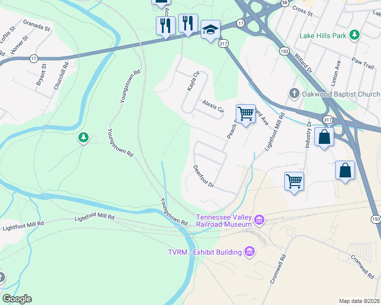 map of restaurants, bars, coffee shops, grocery stores, and more near 3834 Deerfoot Drive in Chattanooga