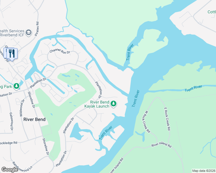 map of restaurants, bars, coffee shops, grocery stores, and more near 106 Outrigger Road in New Bern