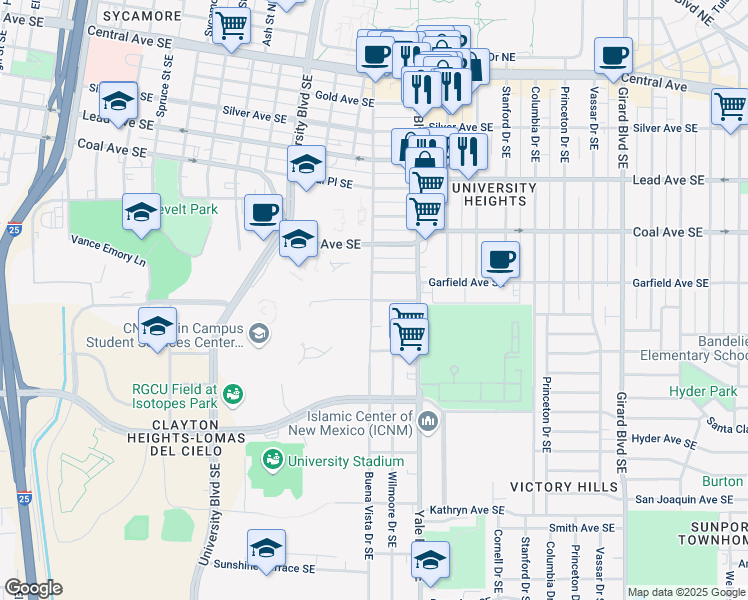 map of restaurants, bars, coffee shops, grocery stores, and more near 5610 Turing Drive Southeast in Albuquerque