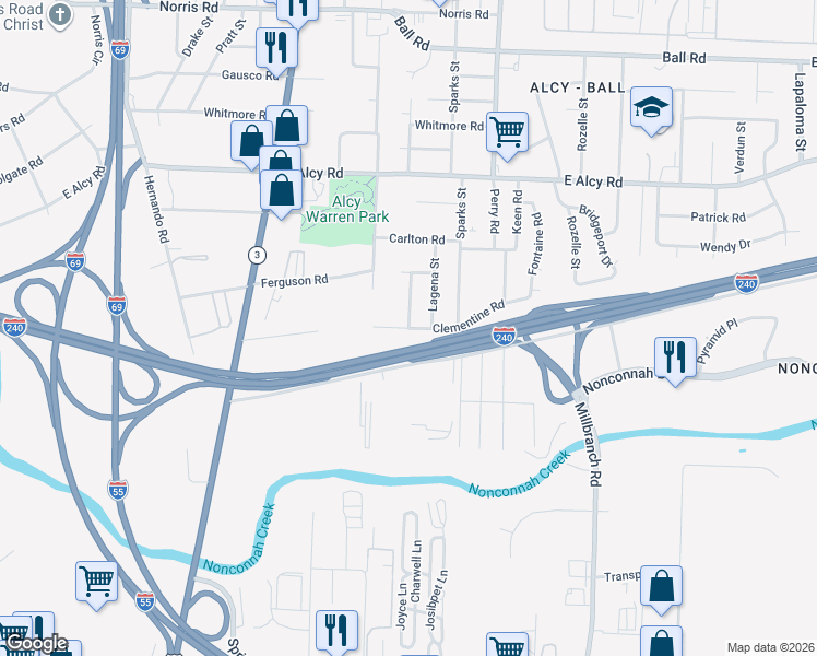 map of restaurants, bars, coffee shops, grocery stores, and more near 1472 Clementine Road in Memphis