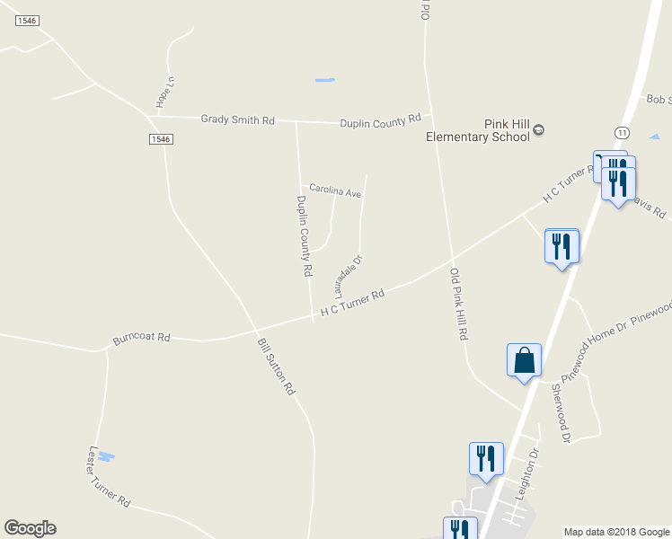 map of restaurants, bars, coffee shops, grocery stores, and more near 4446 Lauradale Drive in Pink Hill