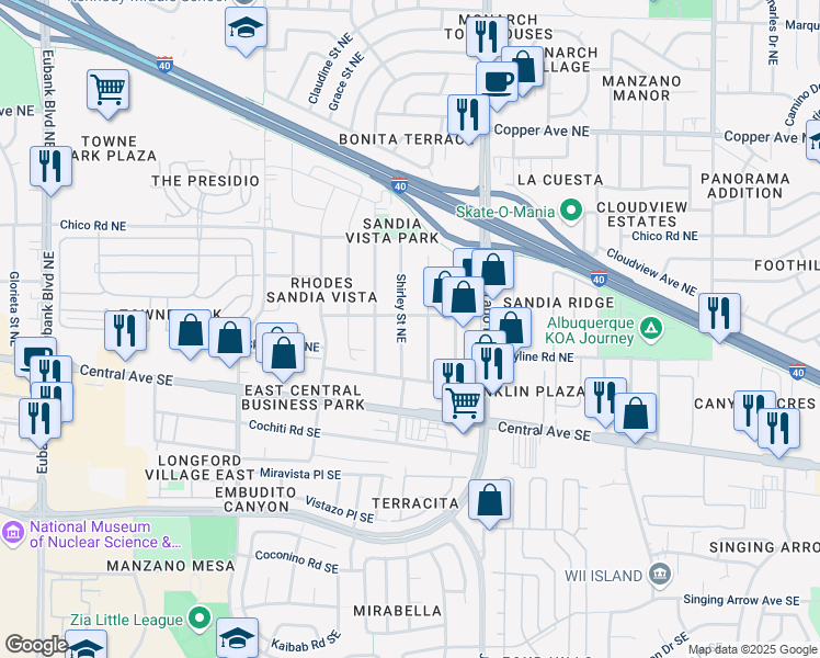 map of restaurants, bars, coffee shops, grocery stores, and more near 248 Shirley Street Southeast in Albuquerque