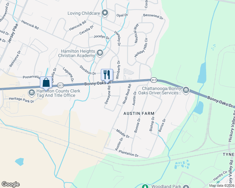 map of restaurants, bars, coffee shops, grocery stores, and more near 7641 Mallette Road in Chattanooga
