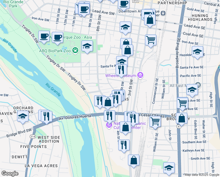 map of restaurants, bars, coffee shops, grocery stores, and more near 716 Marquez Lane Southwest in Albuquerque