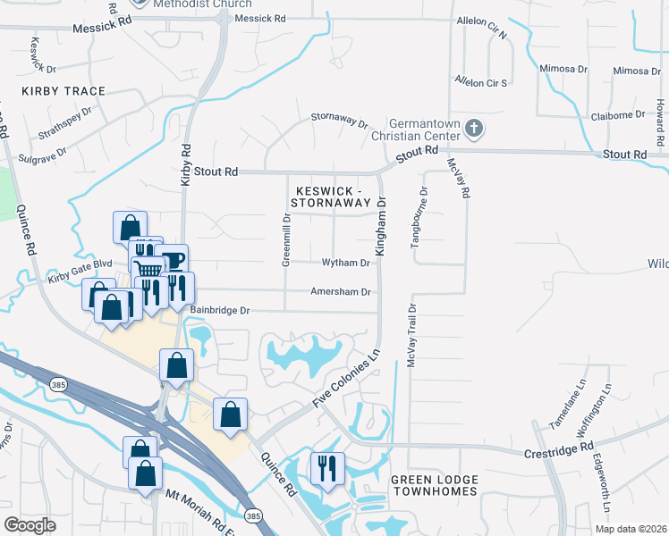 map of restaurants, bars, coffee shops, grocery stores, and more near 6843 Wytham Drive in Memphis