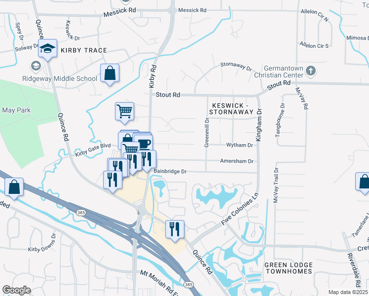map of restaurants, bars, coffee shops, grocery stores, and more near 6715 Kirby Trace Cove in Memphis