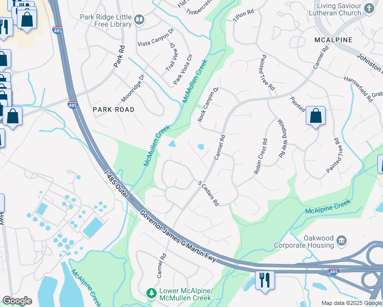 map of restaurants, bars, coffee shops, grocery stores, and more near 11817 Carmel Lakes Drive in Charlotte