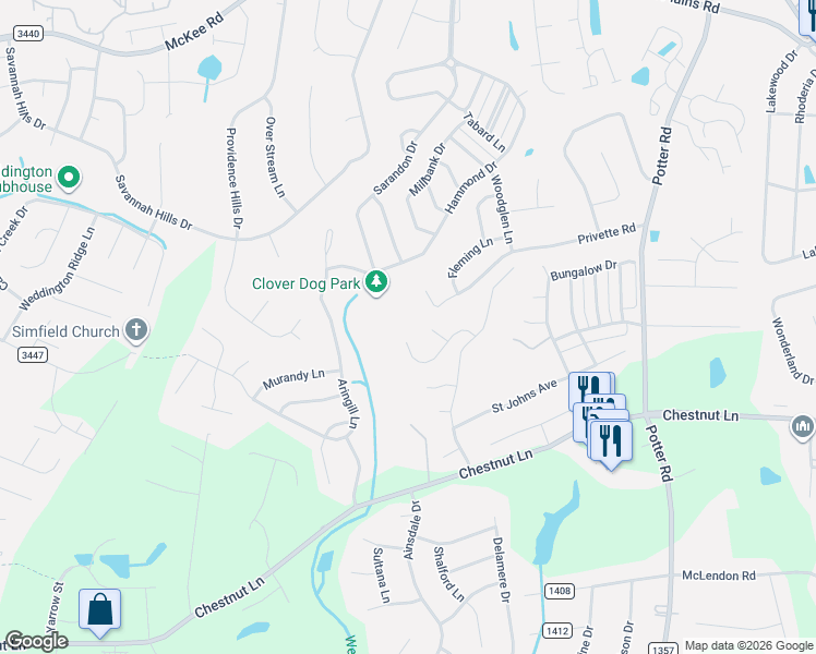 map of restaurants, bars, coffee shops, grocery stores, and more near 3308 Privette Road in Matthews