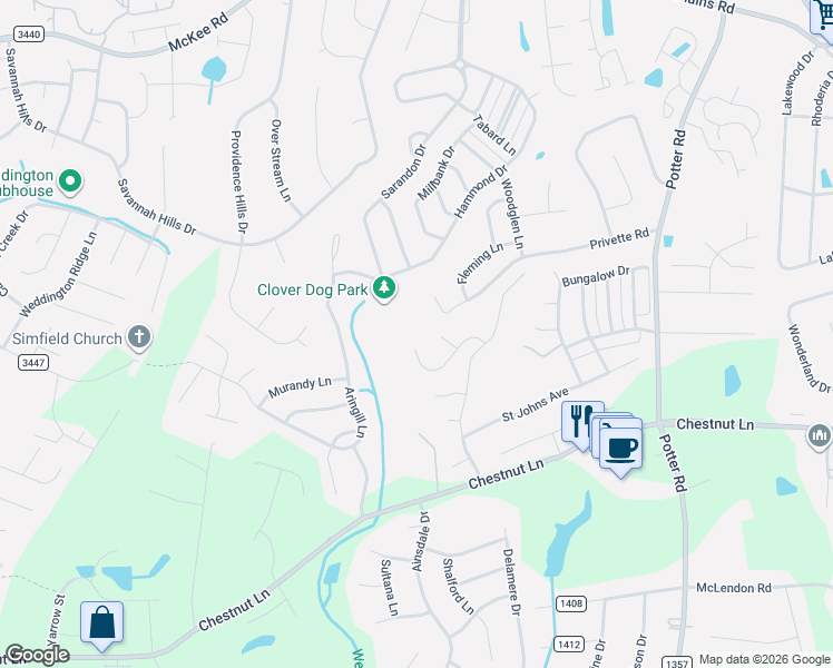 map of restaurants, bars, coffee shops, grocery stores, and more near 3308 Privette Road in Matthews