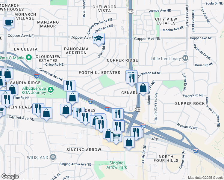 map of restaurants, bars, coffee shops, grocery stores, and more near 13313 Canyonview Place Northeast in Albuquerque