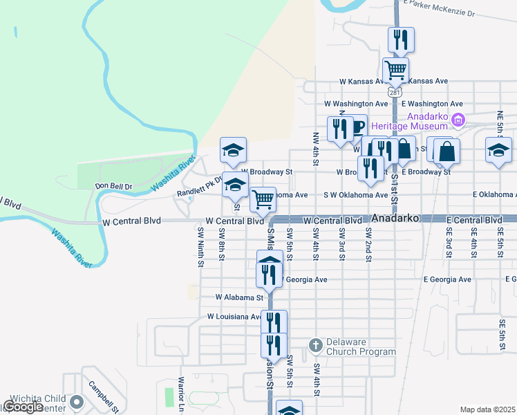 map of restaurants, bars, coffee shops, grocery stores, and more near 513 West Central Boulevard in Anadarko