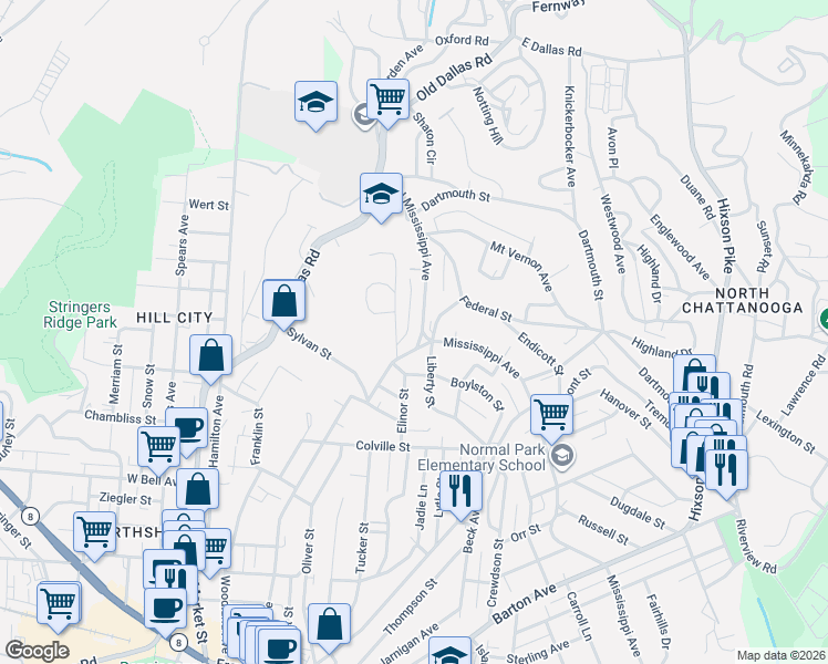 map of restaurants, bars, coffee shops, grocery stores, and more near 1013 Mississippi Avenue in Chattanooga