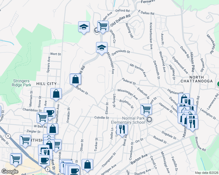 map of restaurants, bars, coffee shops, grocery stores, and more near 1013 Mississippi Ave in Chattanooga