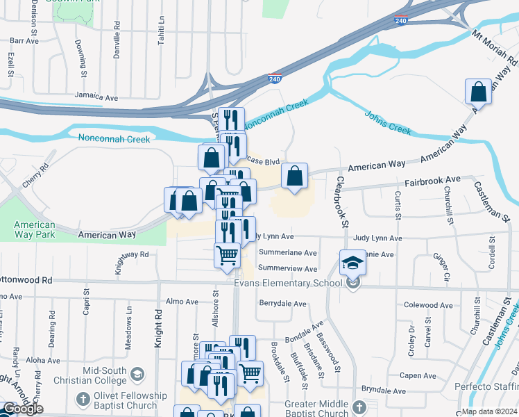 map of restaurants, bars, coffee shops, grocery stores, and more near 4775 American Way in Memphis