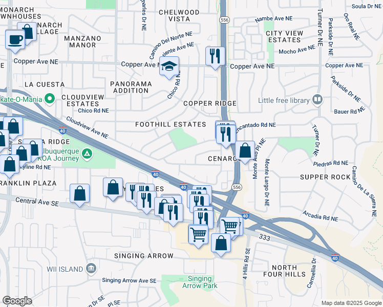 map of restaurants, bars, coffee shops, grocery stores, and more near 13313 Canyonview Place Northeast in Albuquerque
