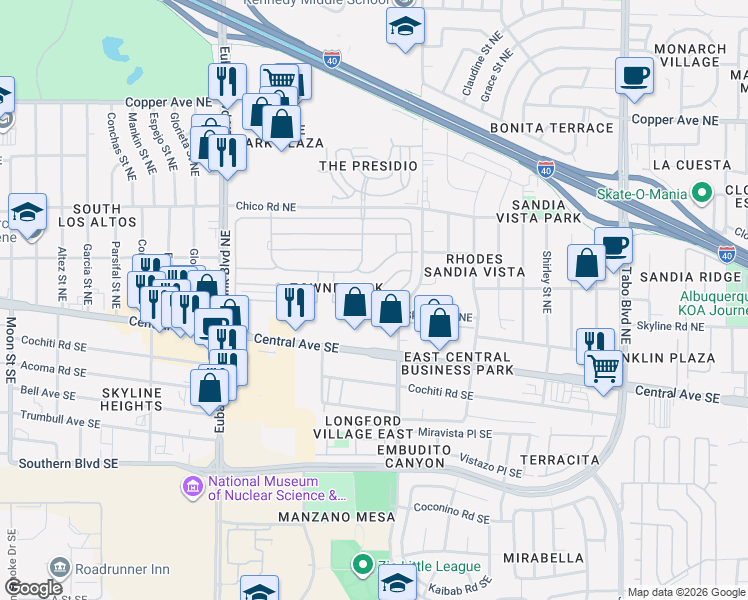 map of restaurants, bars, coffee shops, grocery stores, and more near 10917 Lagrange Park Drive Northeast in Albuquerque