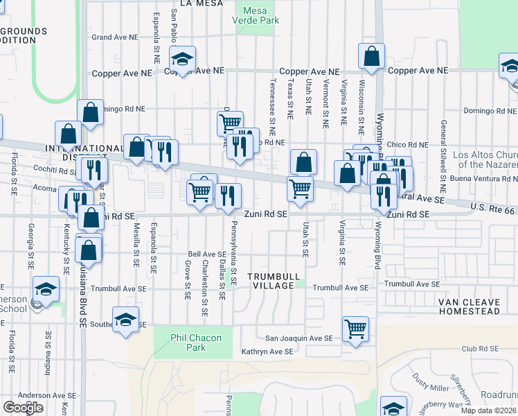 map of restaurants, bars, coffee shops, grocery stores, and more near 7915 Zuni Road Southeast in Albuquerque