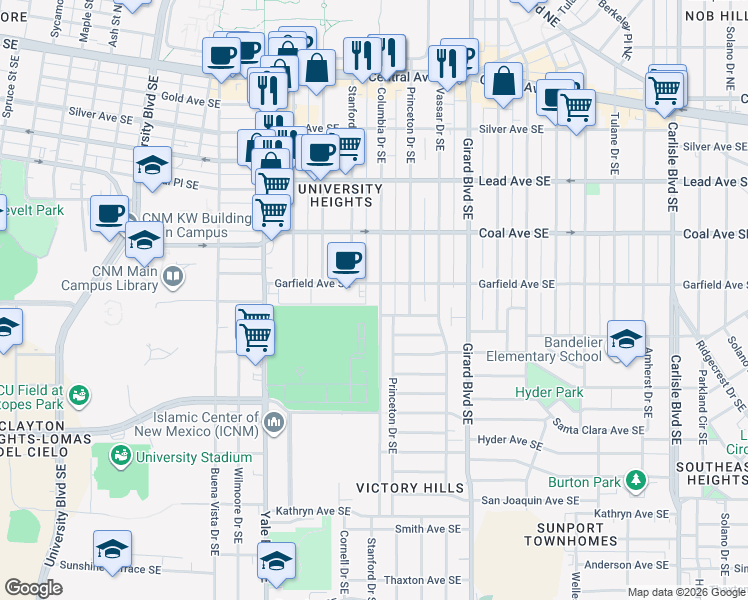 map of restaurants, bars, coffee shops, grocery stores, and more near in Albuquerque