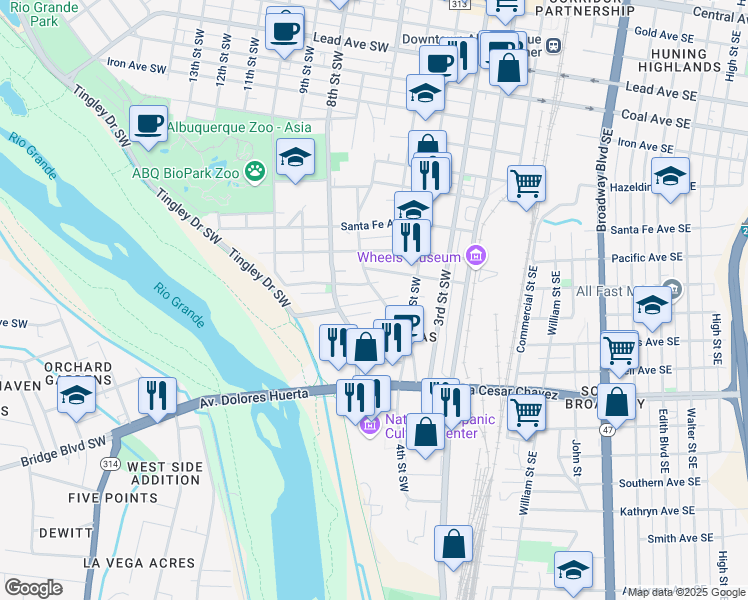 map of restaurants, bars, coffee shops, grocery stores, and more near 716 Marquez Lane Southwest in Albuquerque