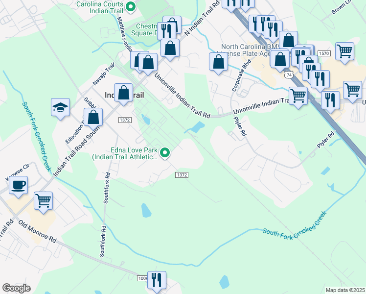 map of restaurants, bars, coffee shops, grocery stores, and more near 301-499 Park Road East in Indian Trail