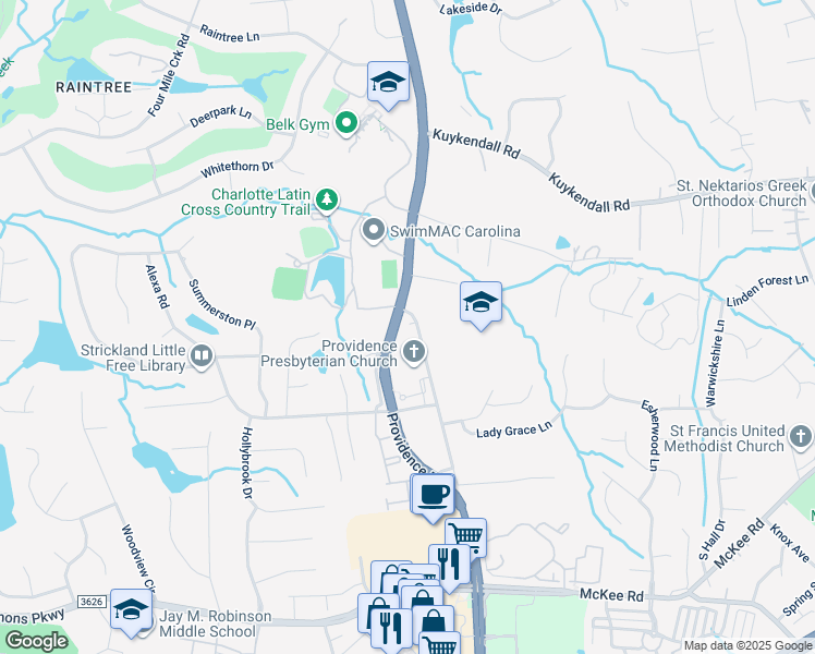 map of restaurants, bars, coffee shops, grocery stores, and more near 10016 Providence Road in Charlotte