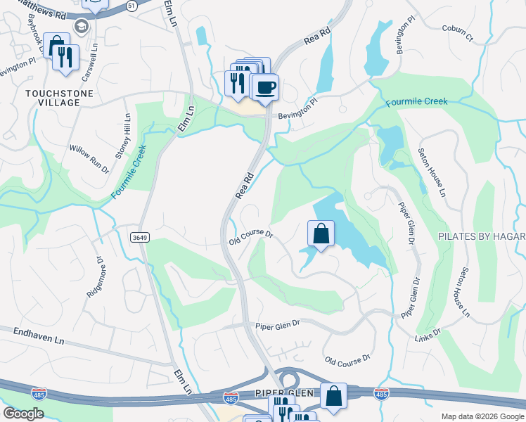 map of restaurants, bars, coffee shops, grocery stores, and more near 6808 Linkside Court in Charlotte