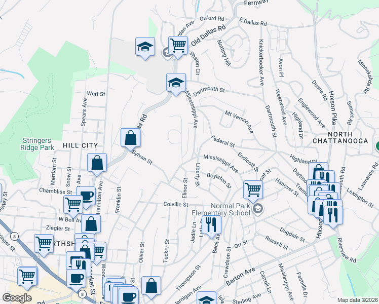map of restaurants, bars, coffee shops, grocery stores, and more near 1013 Mississippi Avenue in Chattanooga