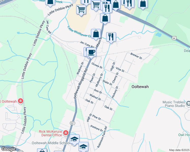 map of restaurants, bars, coffee shops, grocery stores, and more near 9401 State Street in Ooltewah