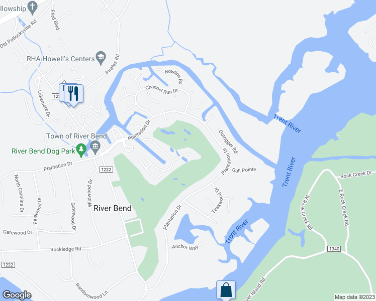 map of restaurants, bars, coffee shops, grocery stores, and more near 127 Quarterdeck Townhouses in New Bern