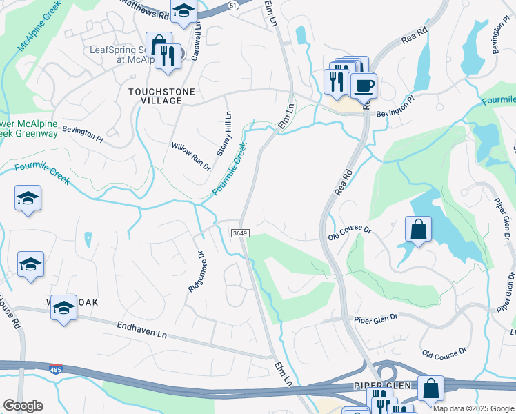 map of restaurants, bars, coffee shops, grocery stores, and more near 6912 Golden Rain Court in Charlotte