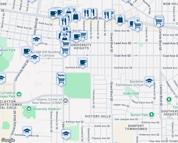 map of restaurants, bars, coffee shops, grocery stores, and more near in Albuquerque