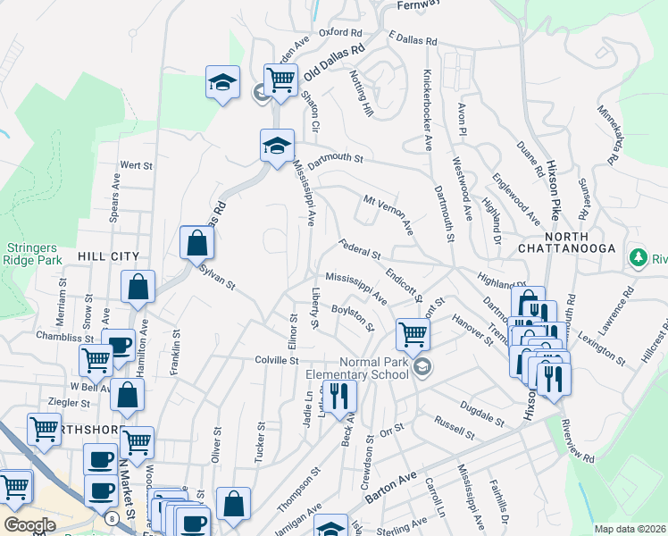 map of restaurants, bars, coffee shops, grocery stores, and more near 707 Mississippi Avenue in Chattanooga