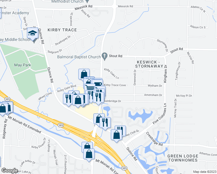 map of restaurants, bars, coffee shops, grocery stores, and more near 6655 Kirby Trace Cove in Memphis
