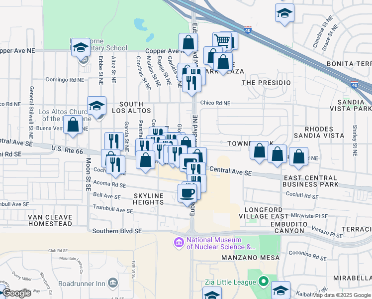 map of restaurants, bars, coffee shops, grocery stores, and more near 113 Eubank Boulevard Southeast in Albuquerque