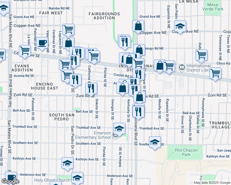 map of restaurants, bars, coffee shops, grocery stores, and more near 6711 Zuni Road Southeast in Albuquerque