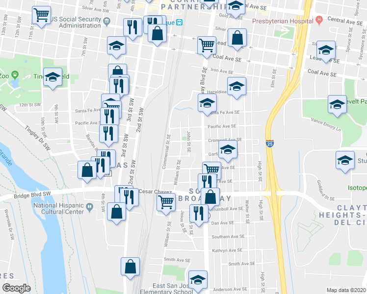 map of restaurants, bars, coffee shops, grocery stores, and more near 1008 William Street Southeast in Albuquerque